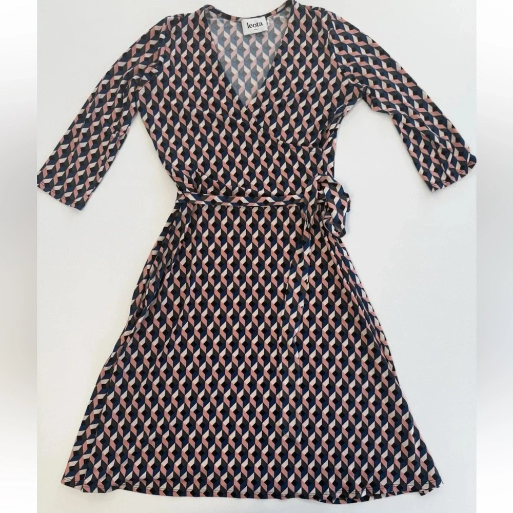 Leota Original Wrap Dress Geometric Handmade In USA navy blush Geometric Sm - Picture 1 of 10